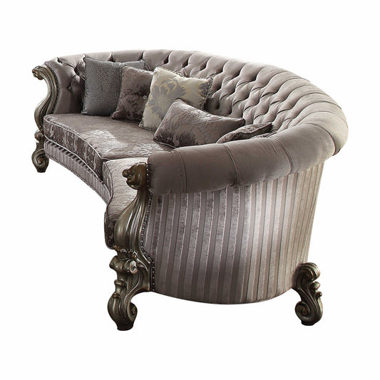 55" Gray Velvet Curved Floral Sofa And Toss Pillows With Champagne Legs-0