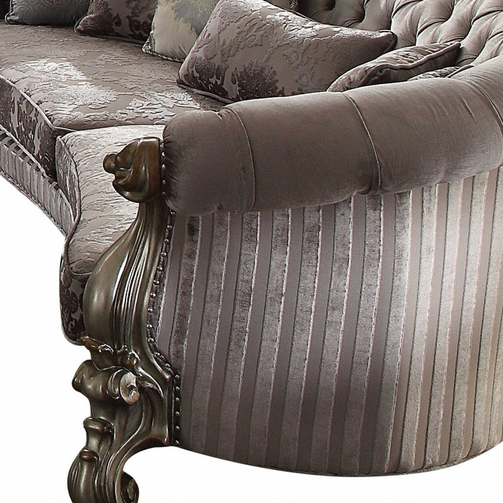 55" Gray Velvet Curved Floral Sofa And Toss Pillows With Champagne Legs-3