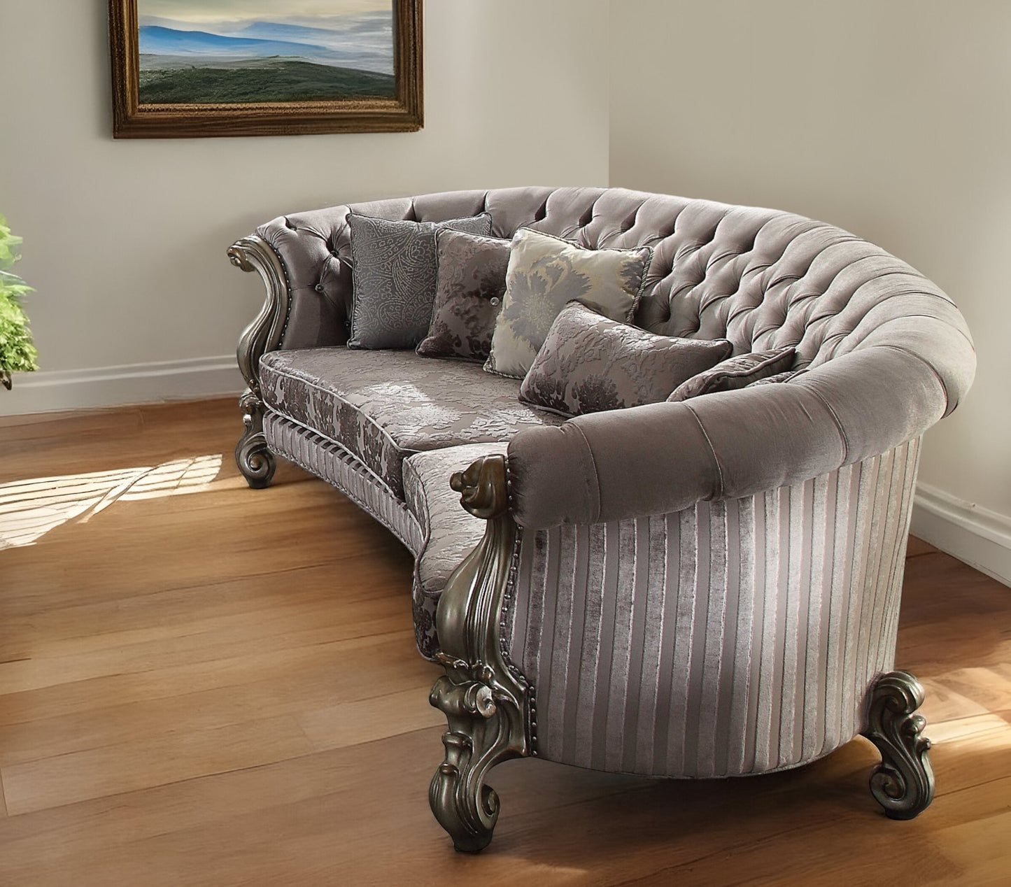 55" Gray Velvet Curved Floral Sofa And Toss Pillows With Champagne Legs-1