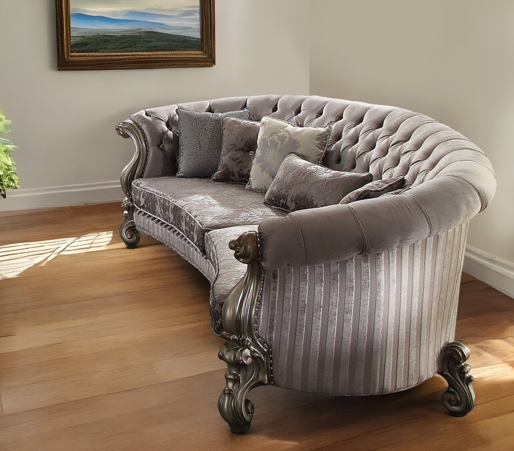 55" Gray Velvet Curved Floral Sofa And Toss Pillows With Champagne Legs-1
