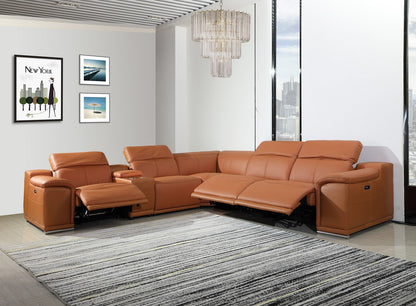 Camel Italian Leather Power Reclining U Shaped Six Piece Corner Sectional With Console-7