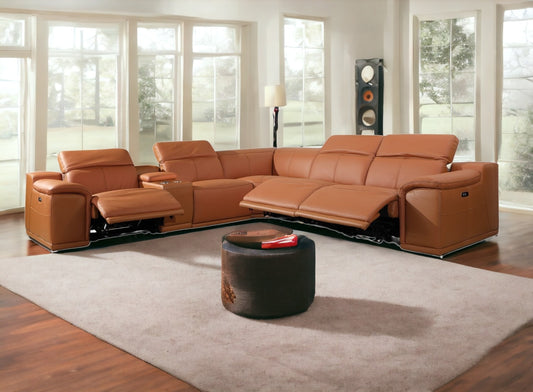 Camel Italian Leather Power Reclining U Shaped Six Piece Corner Sectional With Console-0