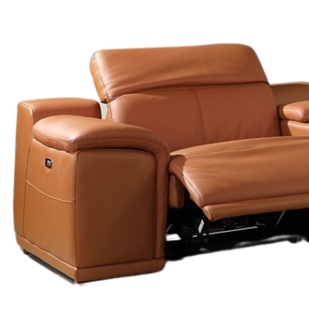 Camel Italian Leather Power Reclining U Shaped Six Piece Corner Sectional With Console-4