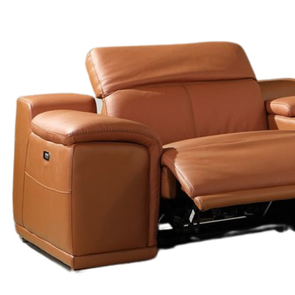 Camel Italian Leather Power Reclining U Shaped Six Piece Corner Sectional With Console-4