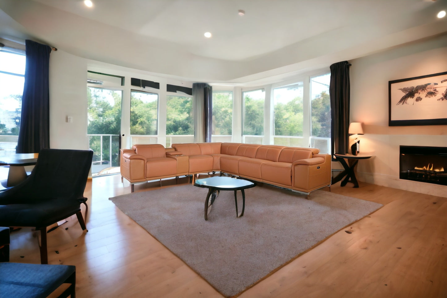 Camel Italian Leather Power Reclining U Shaped Seven Piece Corner Sectional With Console-1