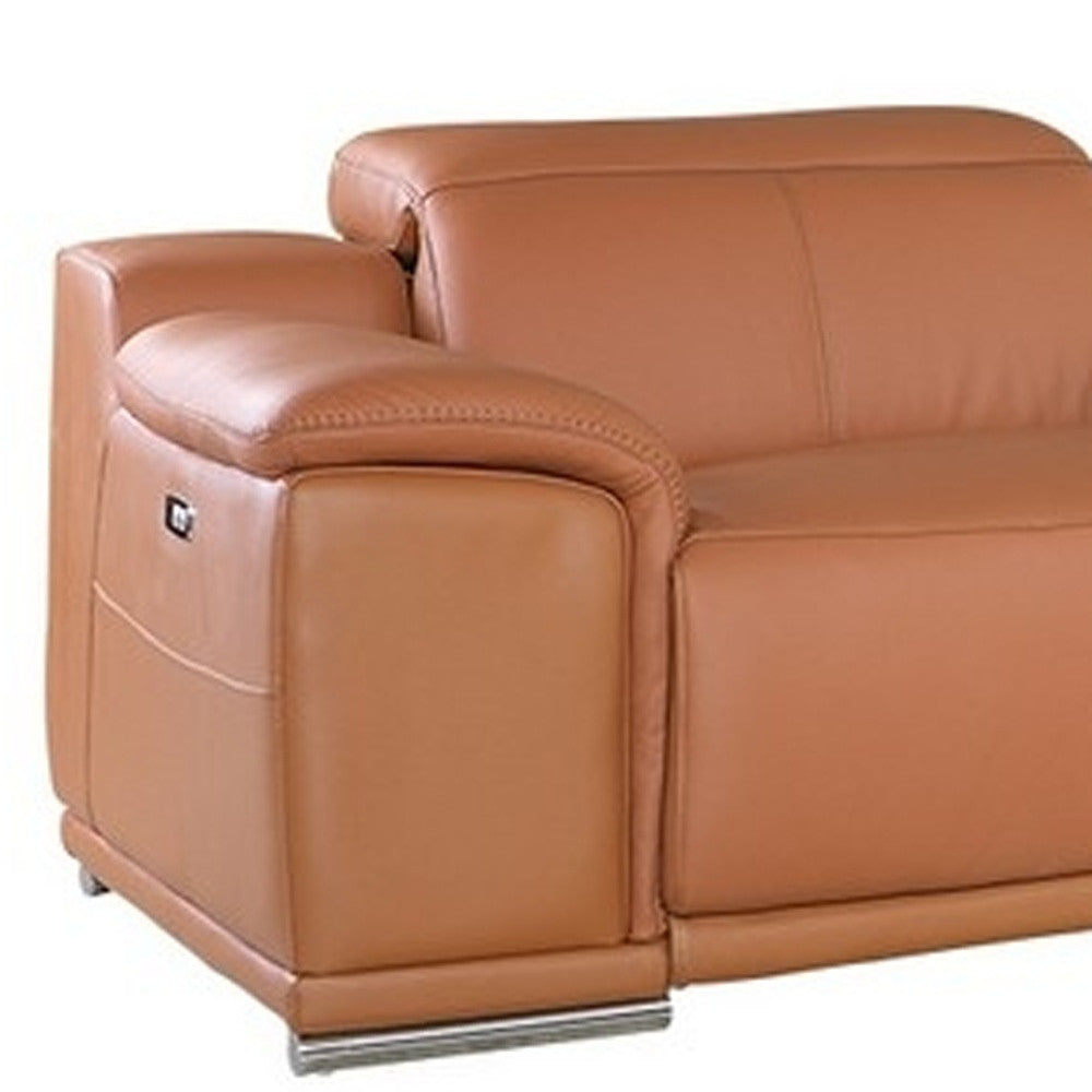 Camel Italian Leather Power Reclining U Shaped Seven Piece Corner Sectional With Console-4