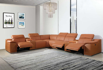 Camel Italian Leather Power Reclining U Shaped Eight Piece Corner Sectional With Console-7