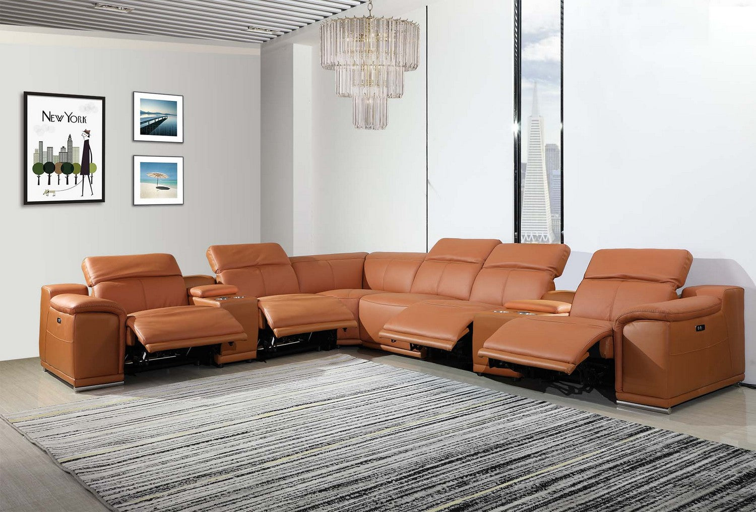 Camel Italian Leather Power Reclining U Shaped Eight Piece Corner Sectional With Console-7