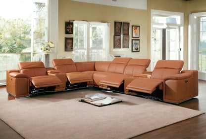 Camel Italian Leather Power Reclining U Shaped Eight Piece Corner Sectional With Console-0
