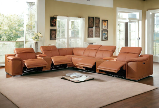 Camel Italian Leather Power Reclining U Shaped Eight Piece Corner Sectional With Console-0