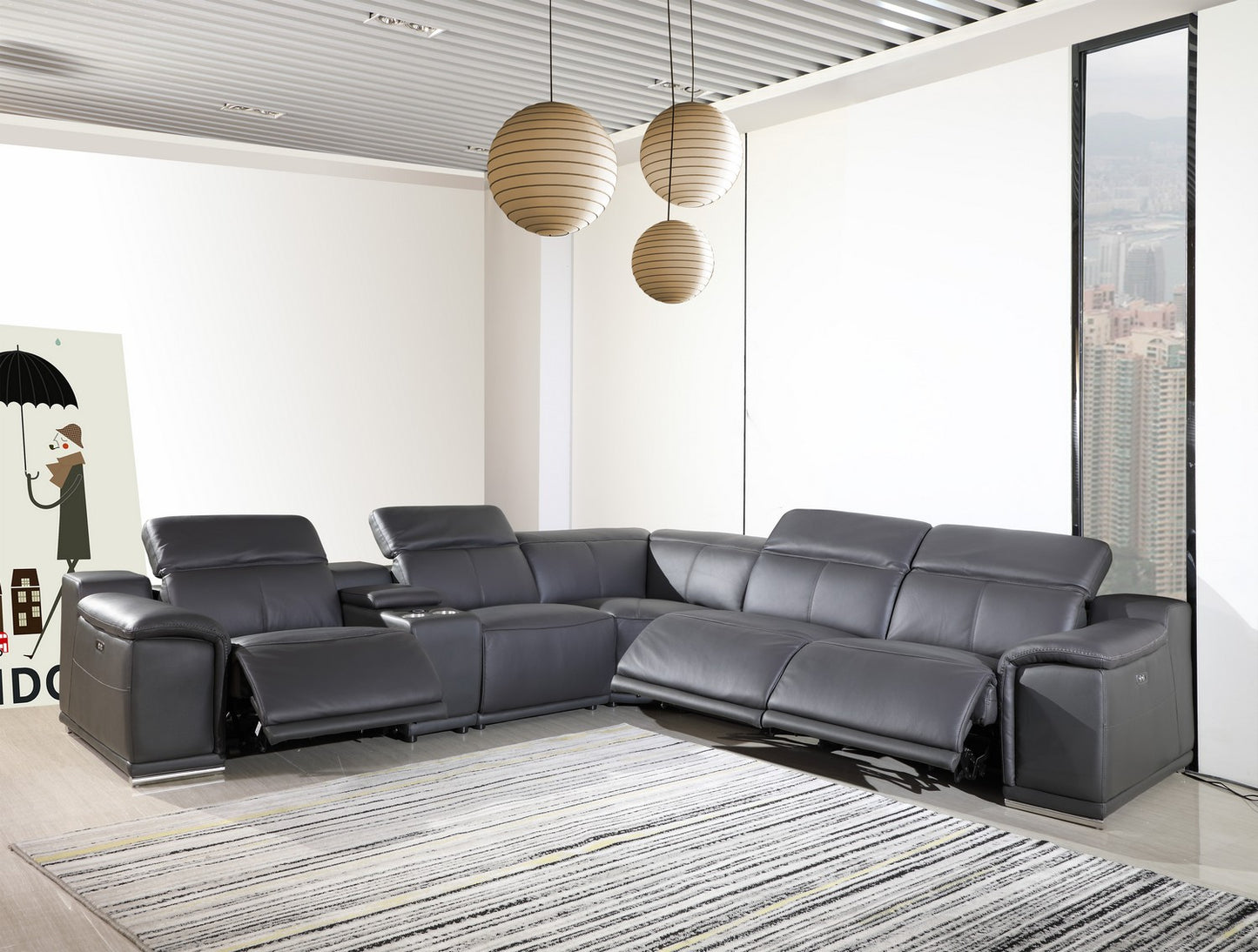 Gray Italian Leather Power Reclining U Shaped Six Piece Corner Sectional With Console-6