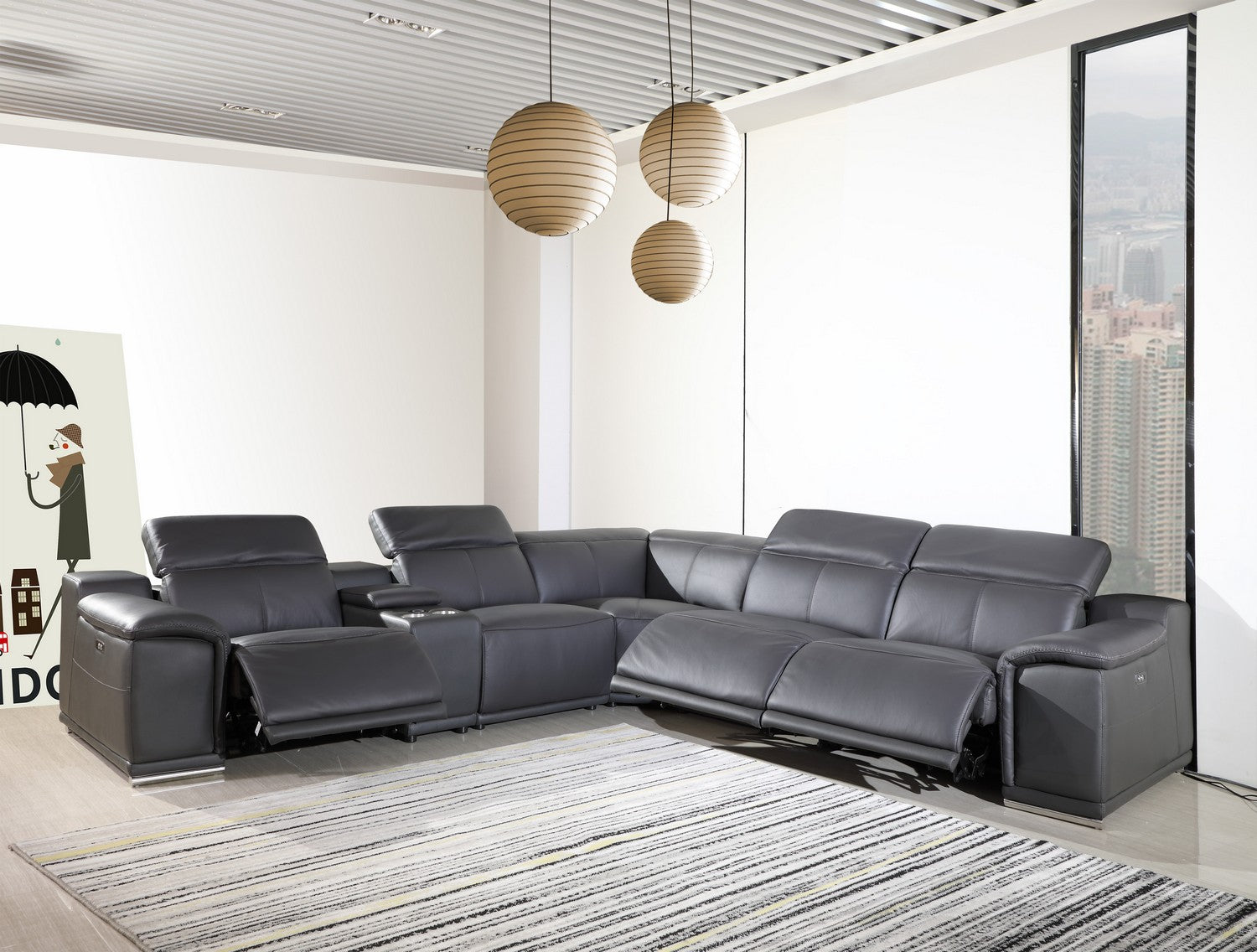Gray Italian Leather Power Reclining U Shaped Six Piece Corner Sectional With Console-6
