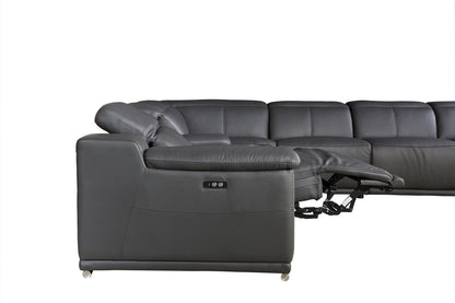 Gray Italian Leather Power Reclining U Shaped Six Piece Corner Sectional With Console-1