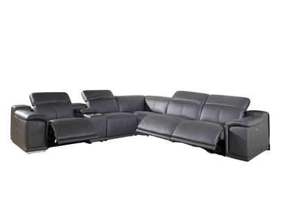 Gray Italian Leather Power Reclining U Shaped Six Piece Corner Sectional With Console-2