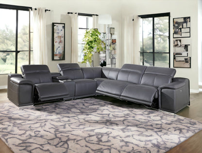 Gray Italian Leather Power Reclining U Shaped Six Piece Corner Sectional With Console-0