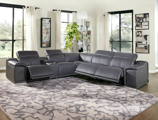 Gray Italian Leather Power Reclining U Shaped Six Piece Corner Sectional With Console-0