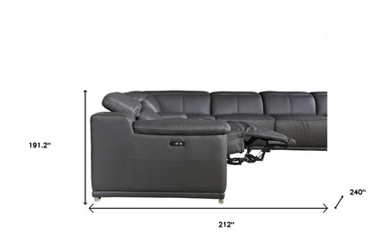 Gray Italian Leather Power Reclining U Shaped Six Piece Corner Sectional With Console-7