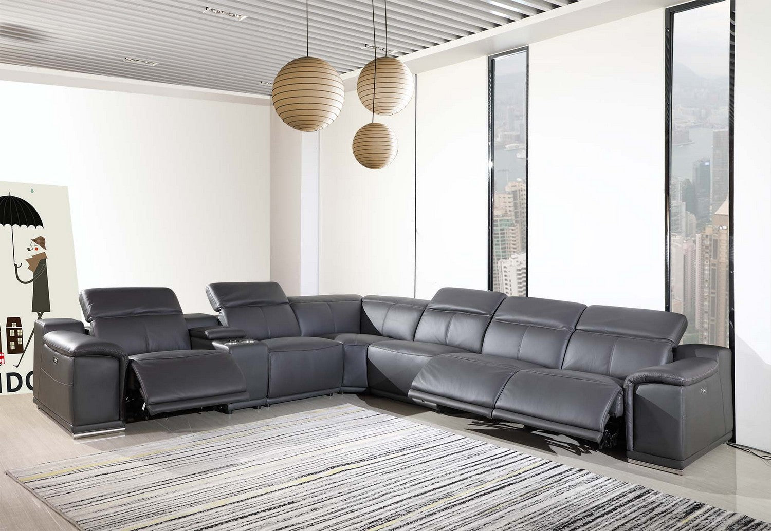 Gray Italian Leather Power Reclining U Shaped Seven Piece Corner Sectional With Console-6