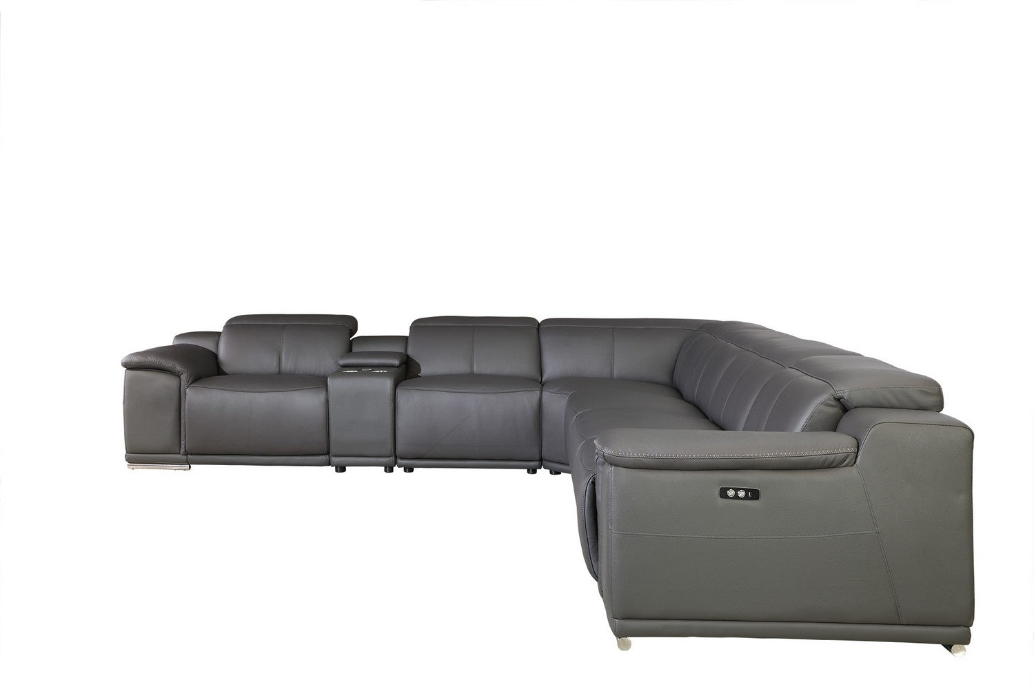 Gray Italian Leather Power Reclining U Shaped Seven Piece Corner Sectional With Console-2
