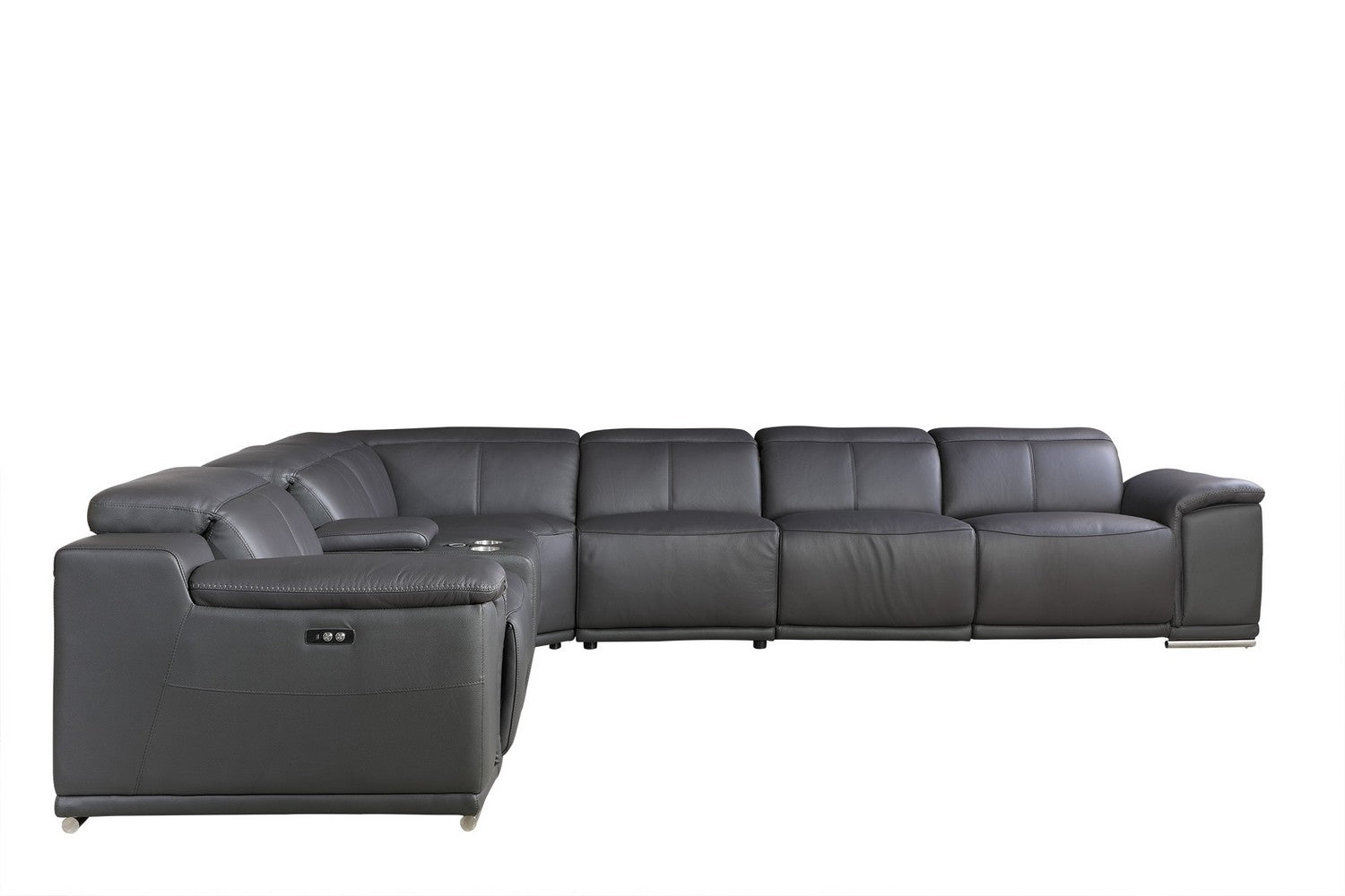 Gray Italian Leather Power Reclining U Shaped Seven Piece Corner Sectional With Console-3