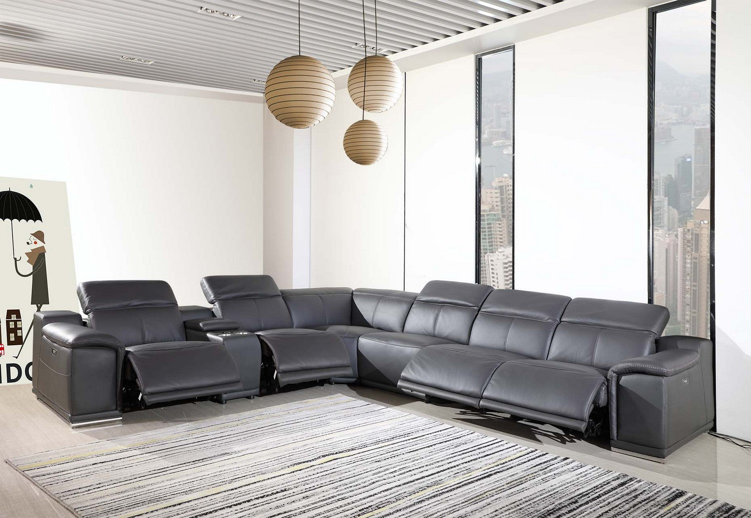 Gray Italian Leather Power Reclining U Shaped Seven Piece Corner Sectional With Console-6