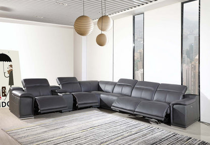 Gray Italian Leather Power Reclining U Shaped Seven Piece Corner Sectional With Console-6