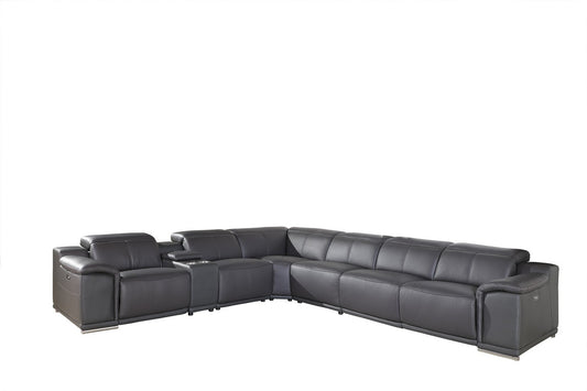 Gray Italian Leather Power Reclining U Shaped Seven Piece Corner Sectional With Console-0