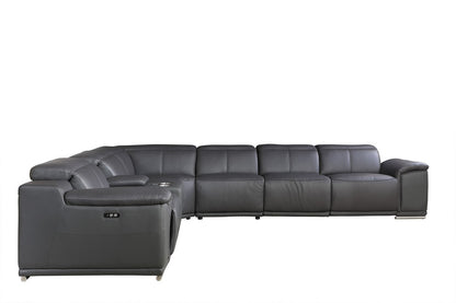 Gray Italian Leather Power Reclining U Shaped Seven Piece Corner Sectional With Console-2