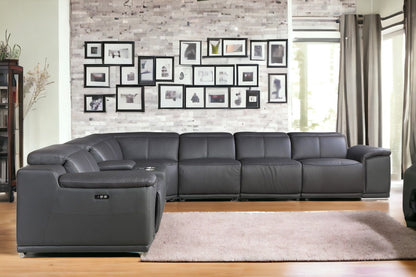 Gray Italian Leather Power Reclining U Shaped Seven Piece Corner Sectional With Console-1