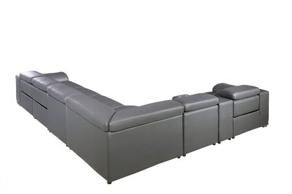 Gray Italian Leather Power Reclining U Shaped Eight Piece Corner Sectional With Console-2