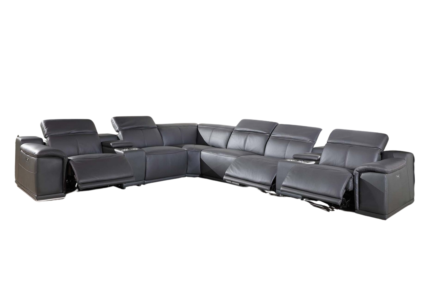 Gray Italian Leather Power Reclining U Shaped Eight Piece Corner Sectional With Console-3
