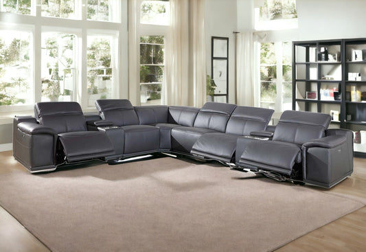 Gray Italian Leather Power Reclining U Shaped Eight Piece Corner Sectional With Console-0