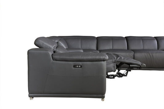 Gray Italian Leather Power Reclining U Shaped Eight Piece Corner Sectional With Console-0
