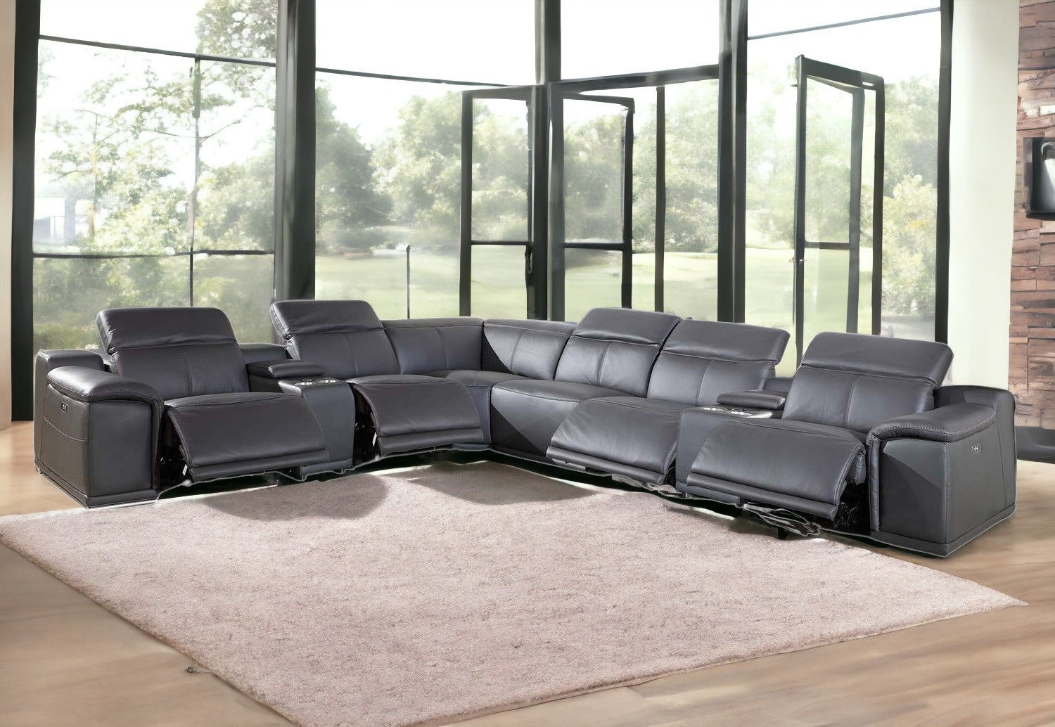 Gray Italian Leather Power Reclining U Shaped Eight Piece Corner Sectional With Console-1