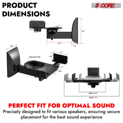 5Core Speaker Wall Mount Adjustable Swivel 11 Inch Space Bookshelf Brackets Pair-3