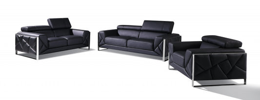 Three Piece Indoor Black Italian Leather Six Person Seating Set-0