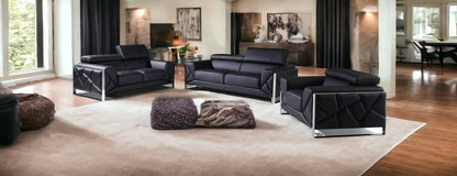 Three Piece Indoor Black Italian Leather Six Person Seating Set-1