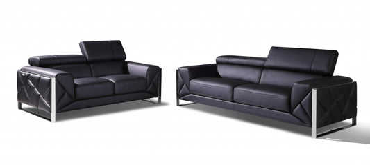 Two Piece Indoor Black Italian Leather Five Person Seating Set-0