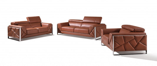 Three Piece Indoor Camel Italian Leather Six Person Seating Set-0