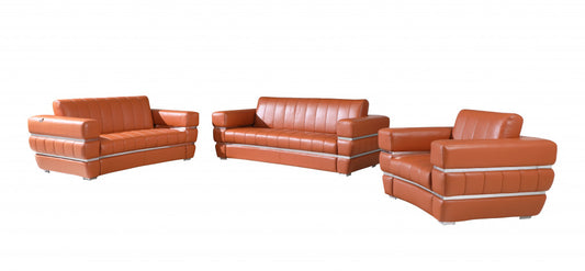 Three Piece Indoor Camel Italian Leather Six Person Seating Set-0