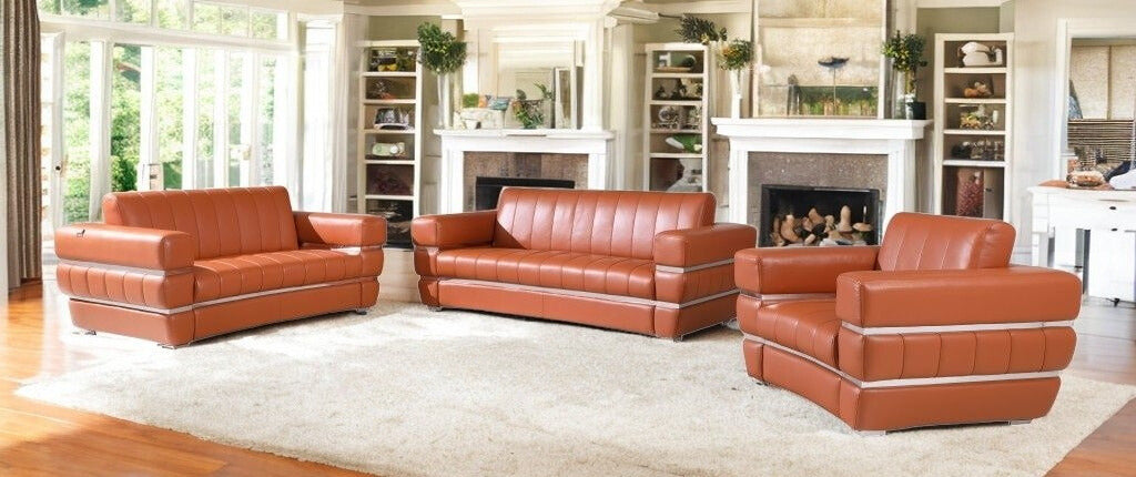 Three Piece Indoor Camel Italian Leather Six Person Seating Set-1