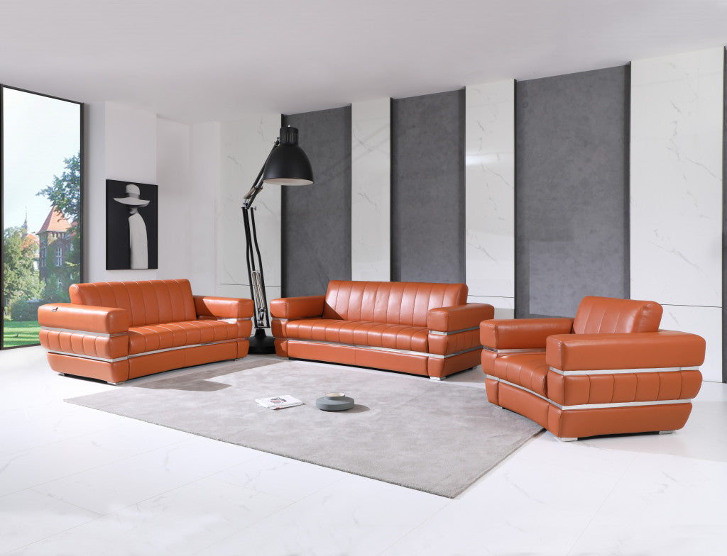 Three Piece Indoor Camel Italian Leather Six Person Seating Set-5