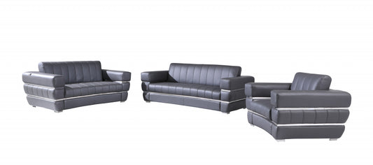 Three Piece Indoor Dark Gray Italian Leather Six Person Seating Set-0