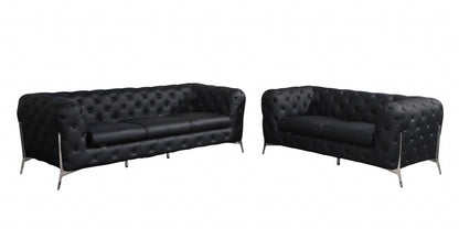 Two Piece Indoor Black Italian Leather Five Person Seating Set-0