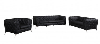 Three Piece Indoor Black Italian Leather Six Person Seating Set-0