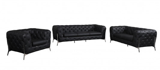 Three Piece Indoor Black Italian Leather Six Person Seating Set-0