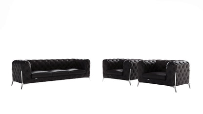 Three Piece Indoor Black Italian Leather Five Person Seating Set-0