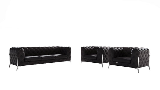 Three Piece Indoor Black Italian Leather Five Person Seating Set-0