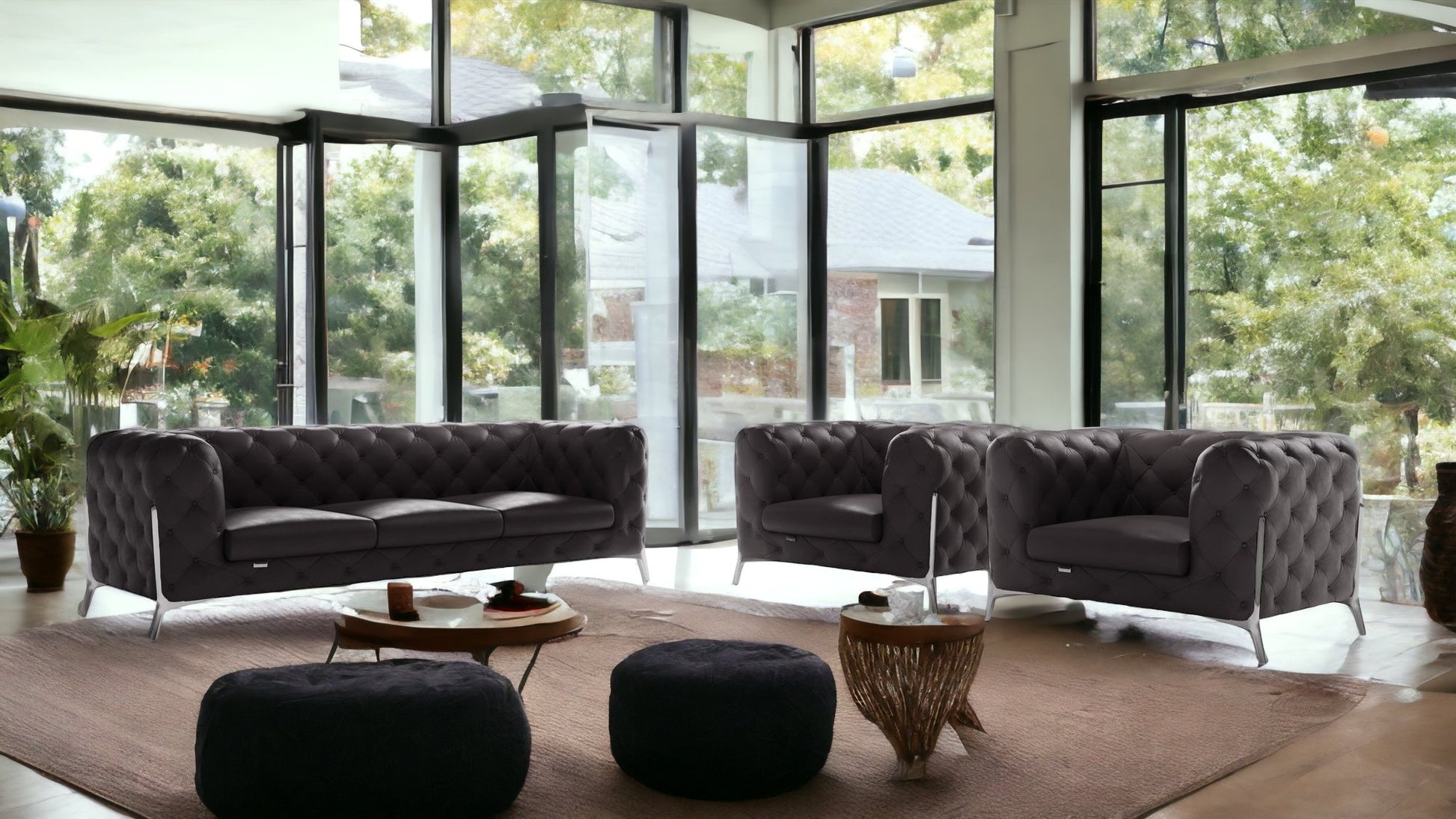 Three Piece Indoor Dark Gray Italian Leather Five Person Seating Set-2