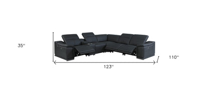 Black Italian Leather Power Reclining U Shaped Six Piece Corner Sectional With Console-7